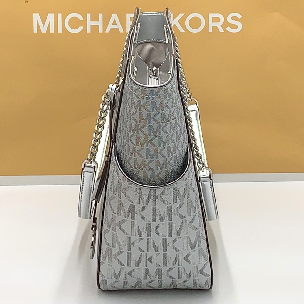 MICHAEL KORS JET SET LARGE X CHAIN SHOULDER TOTE SILVER SIGNATURE COLOR - Picture 9 of 16